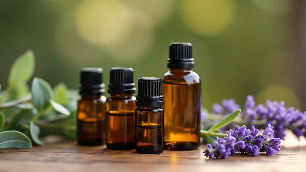 Bottles of essential oils arranged with fresh lavender and eucalyptus branches