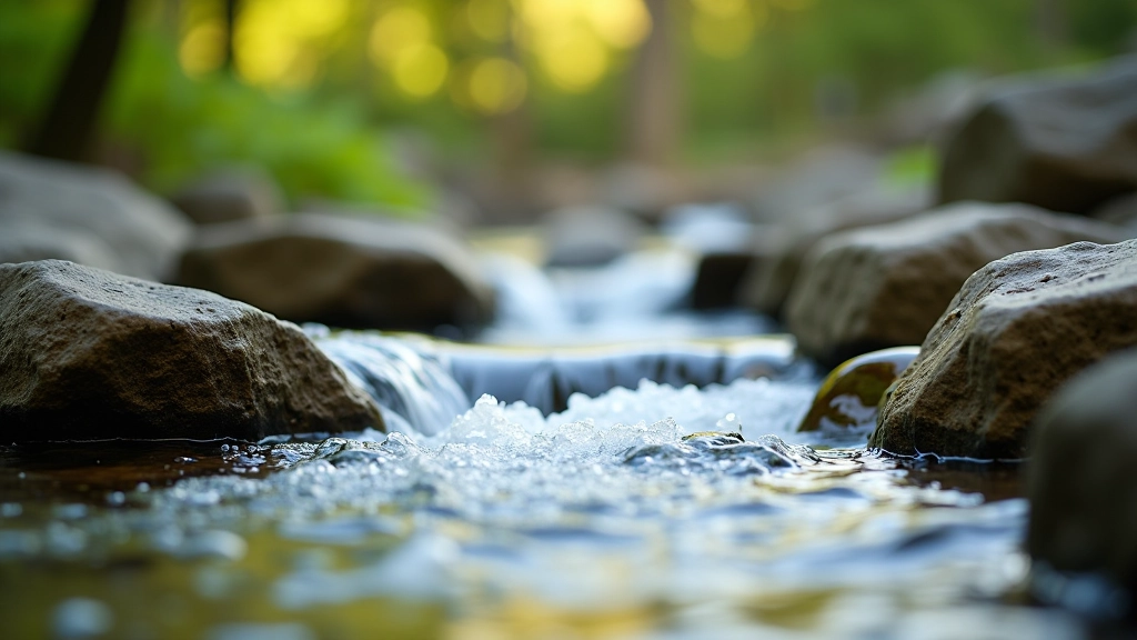 Crystal clear mineral spring water flowing gently over smooth river rocks with mountains in soft-focused background