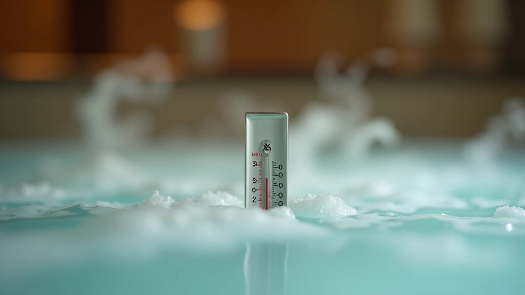 Close-up of thermometer showing water temperature reading of 106 degrees, steam rising from mineral bath surface