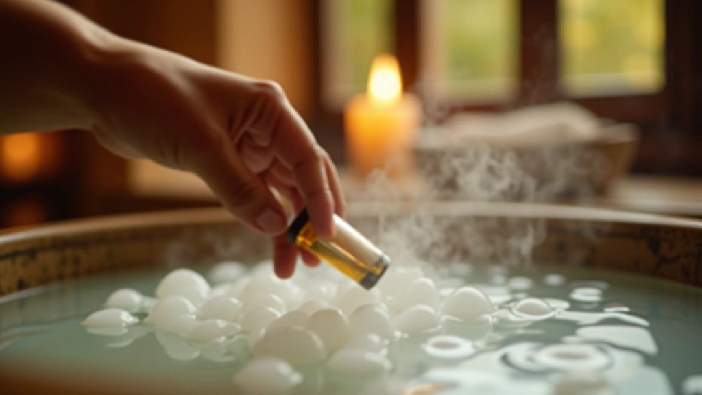 Hands adding essential oil drops into a steaming thermal bath with visible mineral water surface