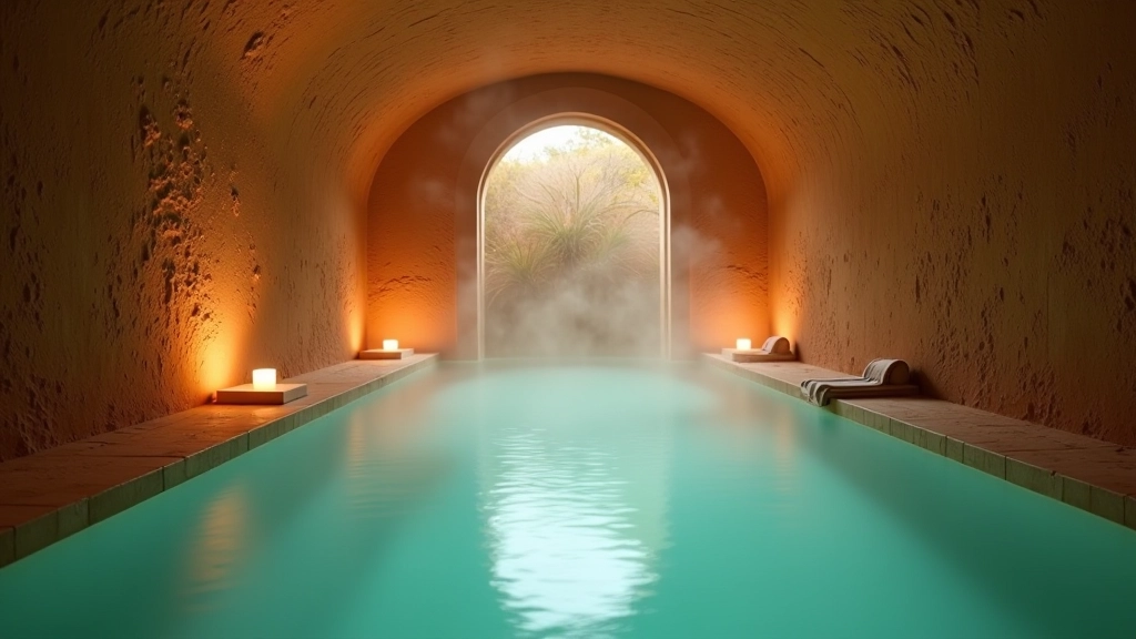 Serene indoor mineral bath pool with steam rising, surrounded by natural stone and warm lighting