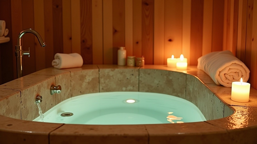 Private stone soaking tub surrounded by natural wood paneling and soft lighting in a spa room
