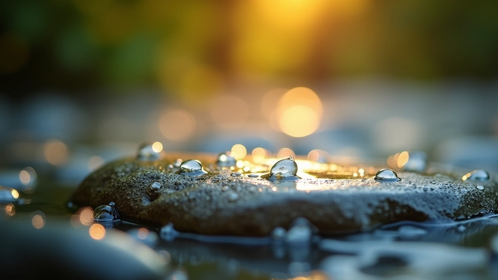 Close-up of mineral water droplets showing mineral content and clarity
