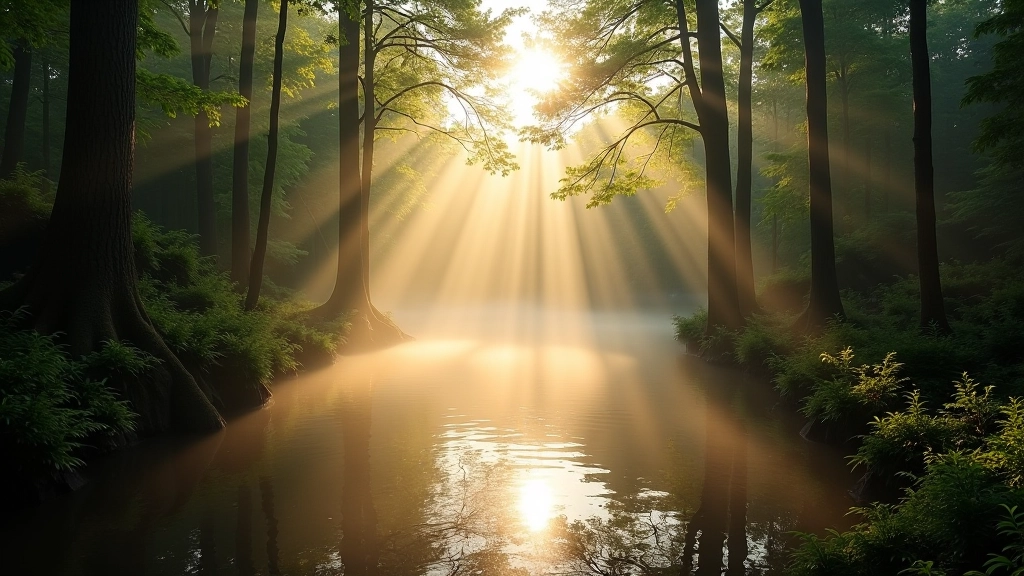 Morning light streaming through forest canopy with mist rising from the ground near a natural spring