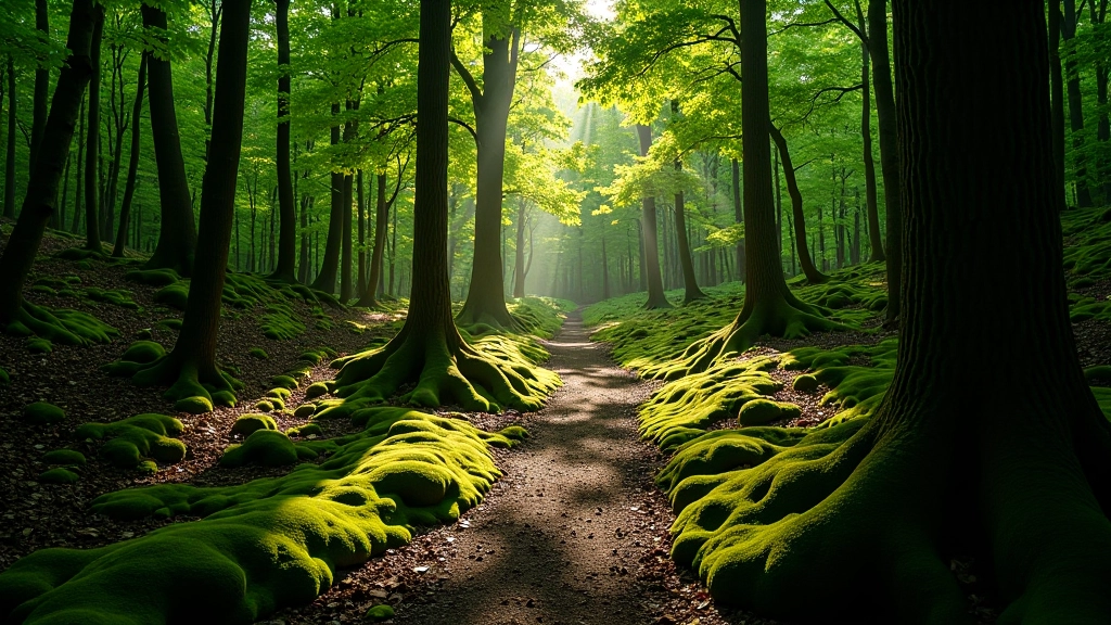 Natural forest hiking trail through woods with trees and natural lighting