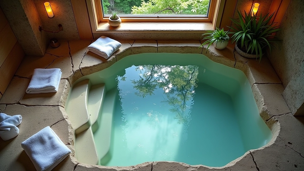 Top-down view of private soaking room showing stone floor, filled bath with steaming water, towels arranged on edge