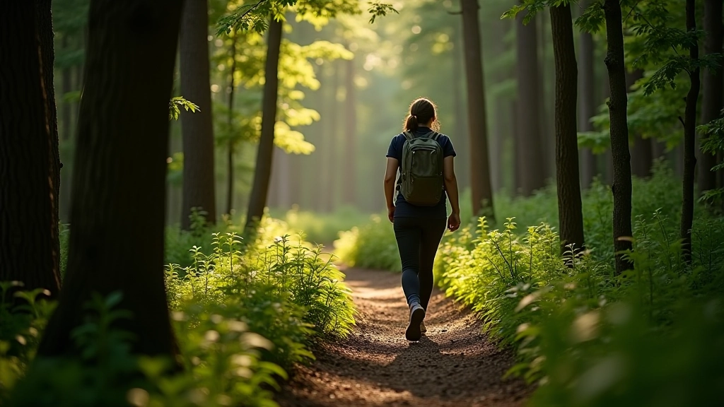 Hiker on a woodland trail with hands in pockets, surrounded by tall trees and dappled forest light
