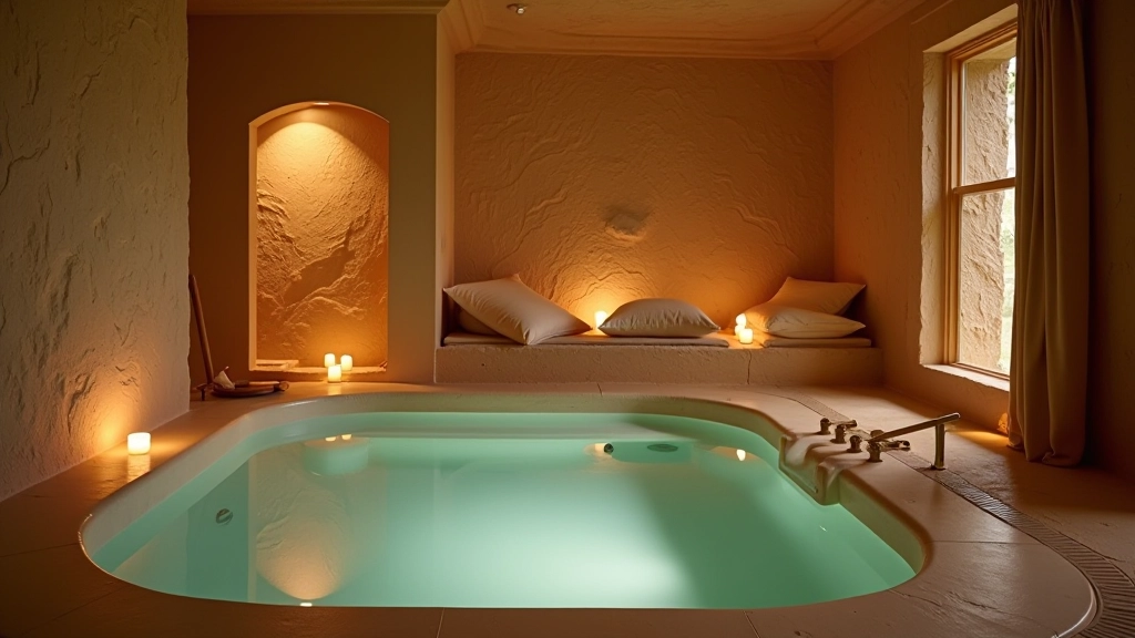 Private mineral soaking room at thermal spa lodge featuring natural spring water immersion and serene spa design