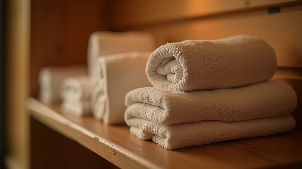 Folded white towels on wooden shelf, spa environment with soft background lighting, luxury relaxation setup