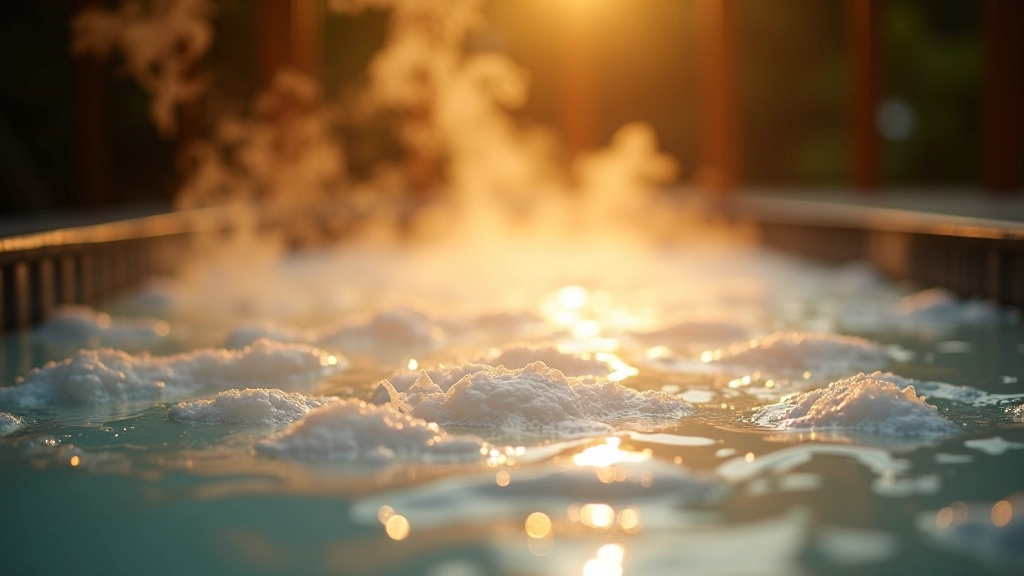 Close-up of steaming thermal bath water with visible mineral deposits and wellness environment