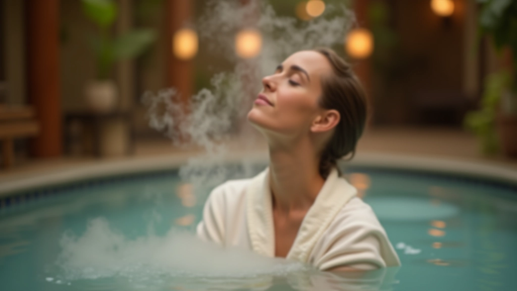 Woman relaxing in mineral spring water spa with eyes closed, peaceful expression, soft steam visible, wellness environment
